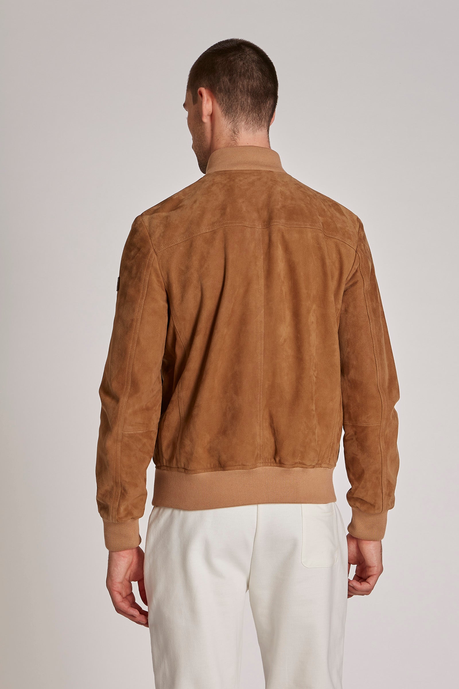 Men's button-up suede bomber jacket