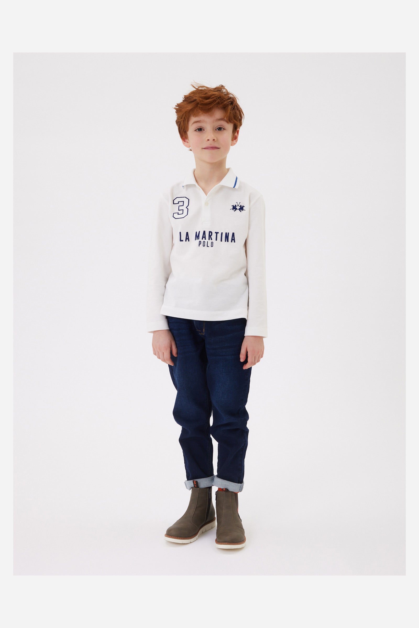 Boys' long-sleeved piqué cotton polo shirt