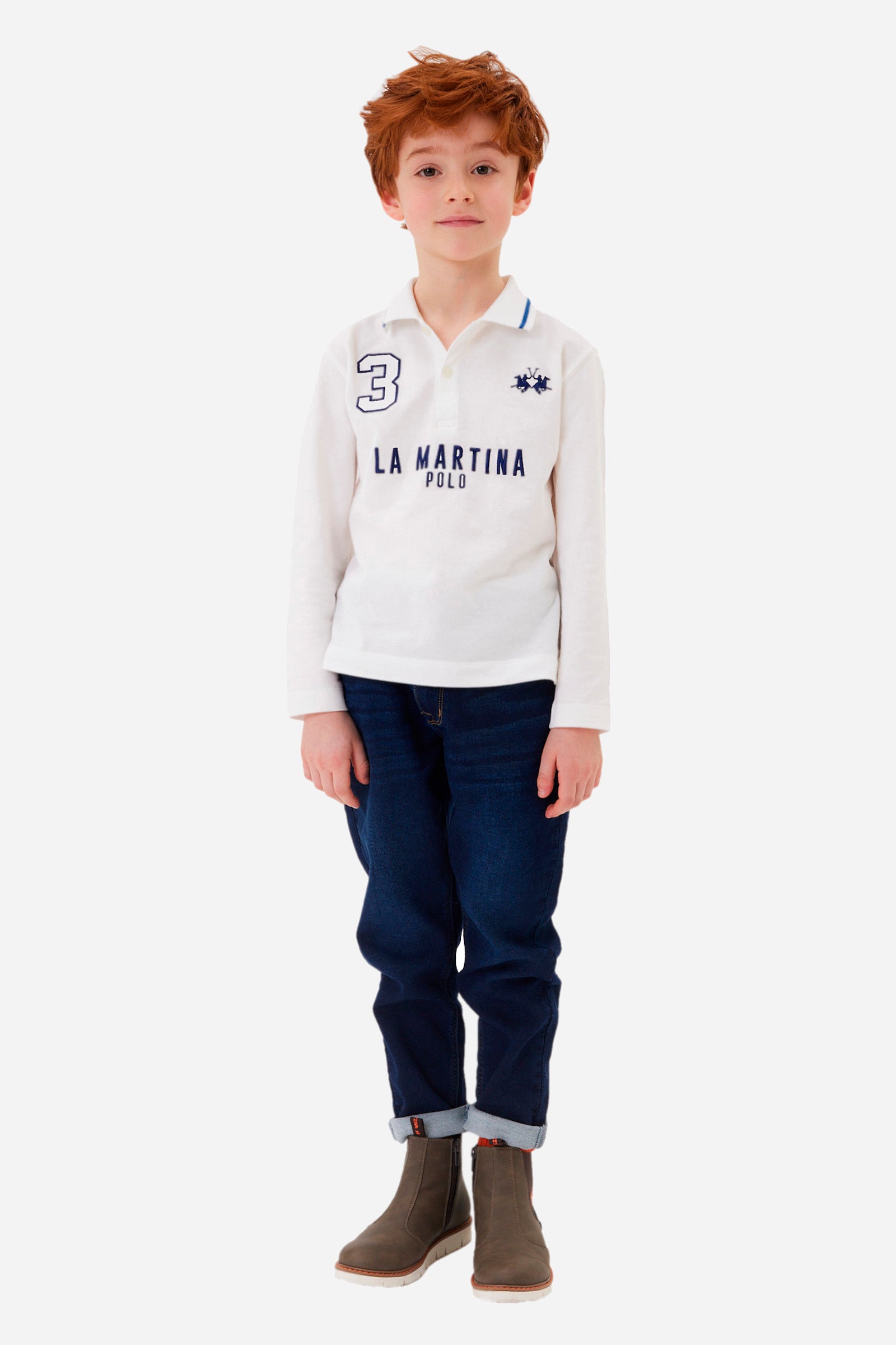 Boys' long-sleeved piqué cotton polo shirt