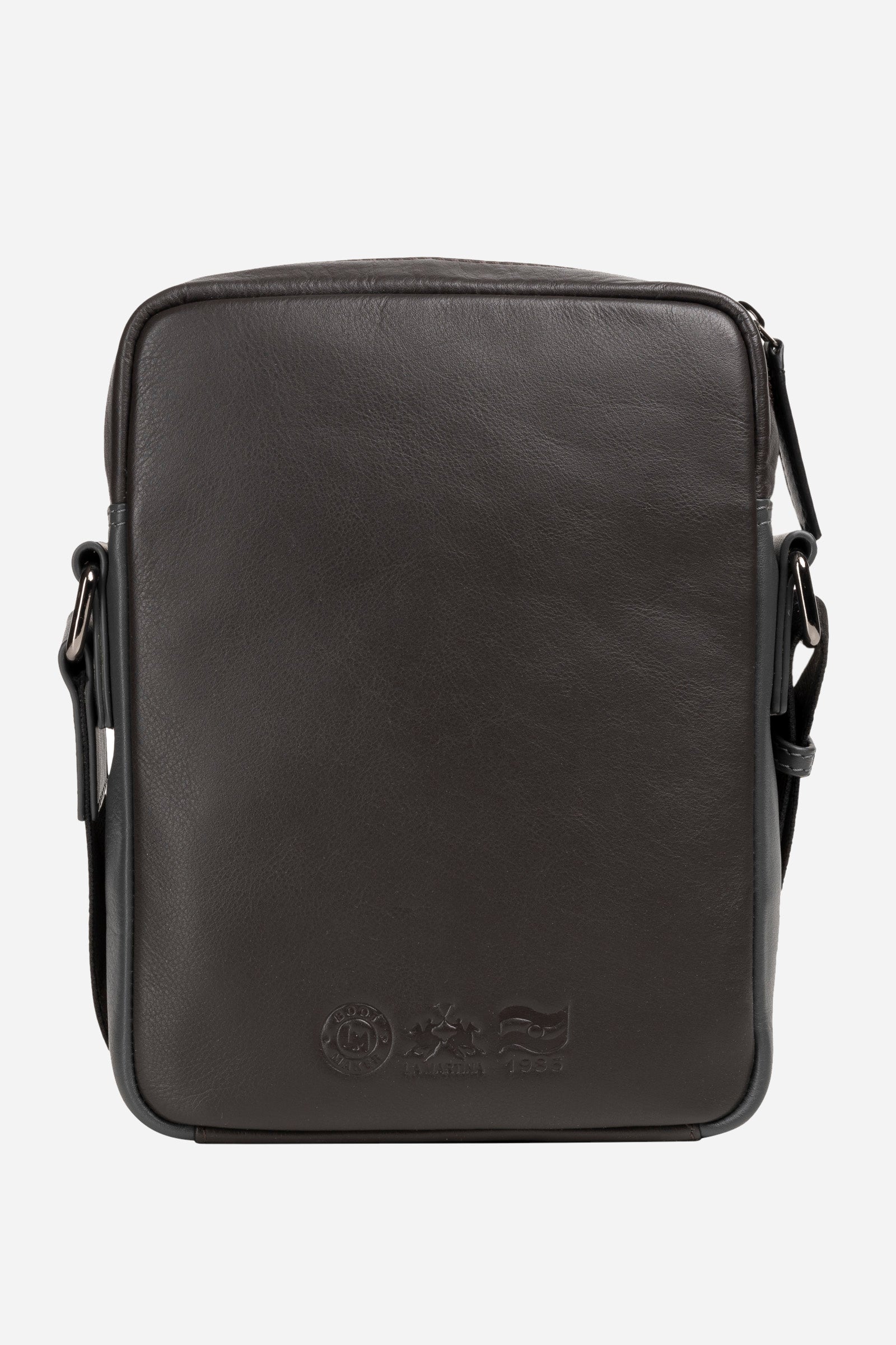 Leather crossbody bag with a polyester webbing strap