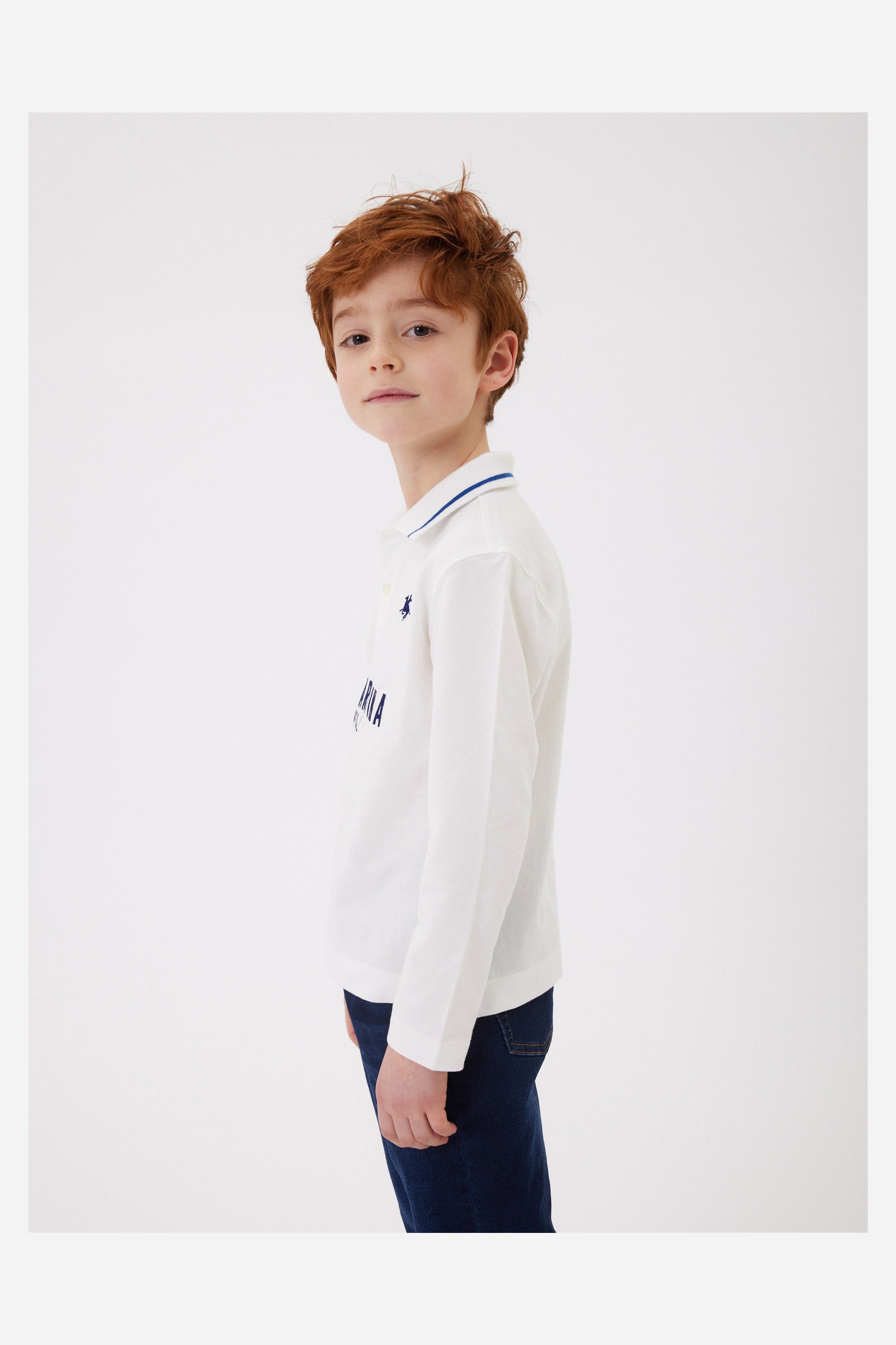 Boys' long-sleeved piqué cotton polo shirt