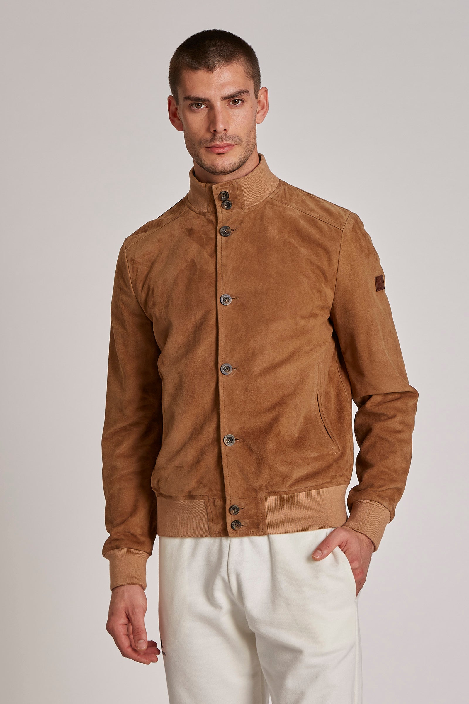 Men's button-up suede bomber jacket