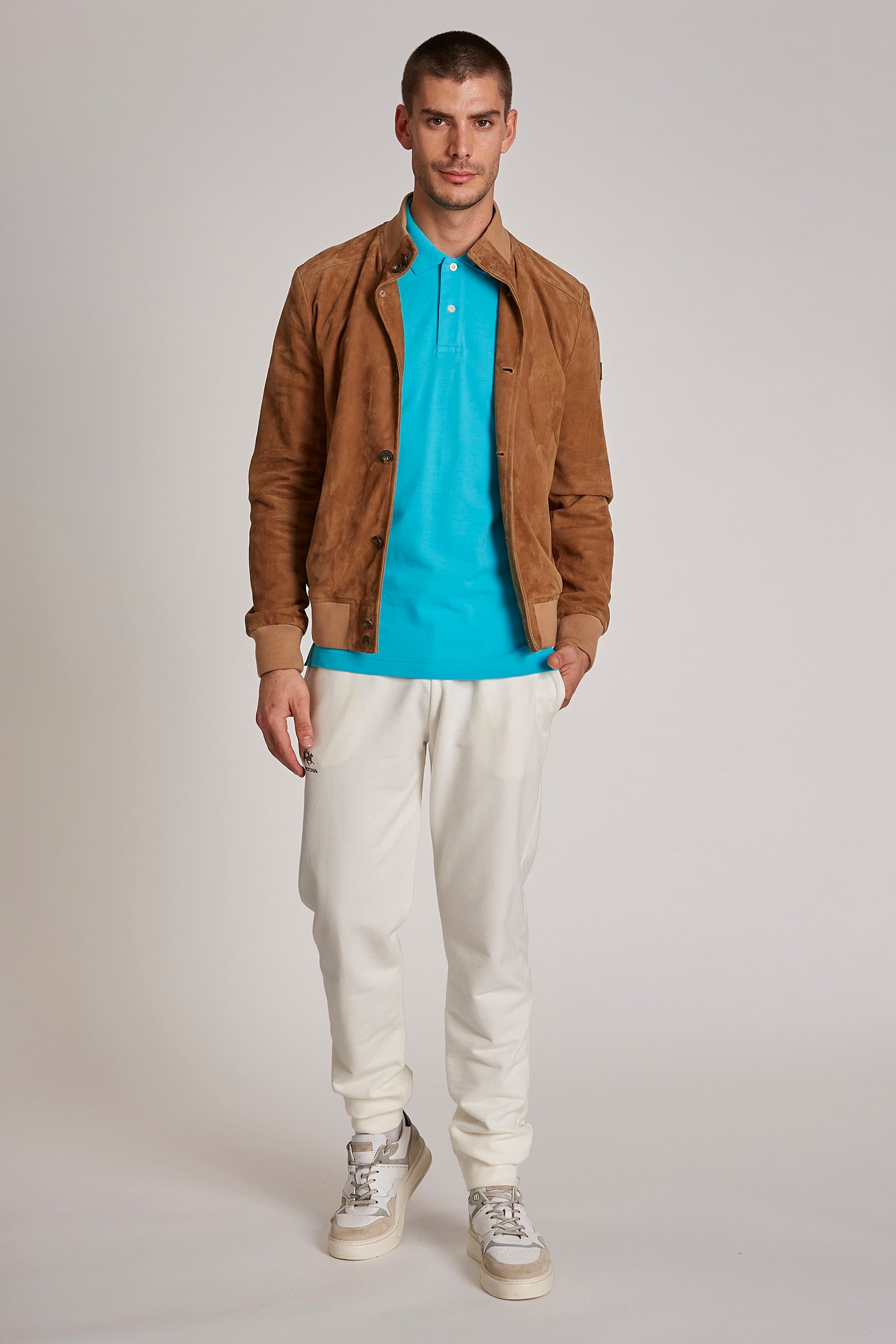 Men's button-up suede bomber jacket